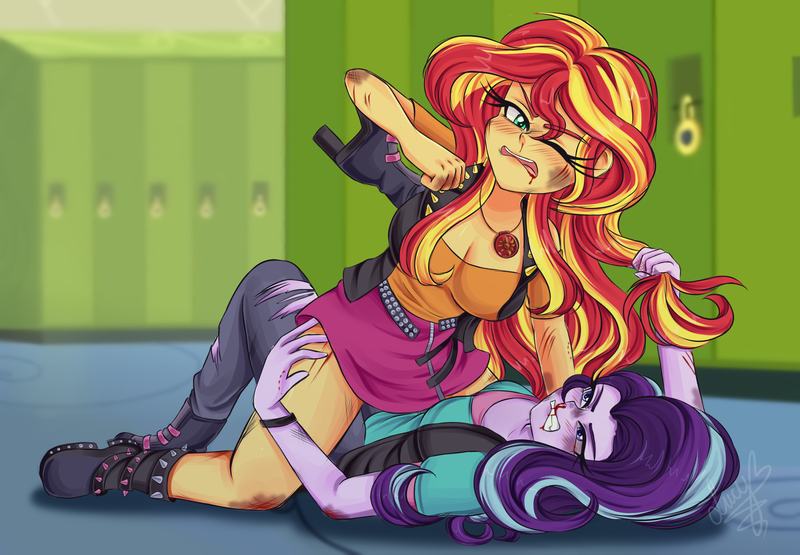 Size: 3000x2080 | Tagged: semi-grimdark, artist:lucy-tan, derpibooru import, starlight glimmer, sunset shimmer, human, equestria girls, belt, bite mark, black eye, bleeding, blood, blood from mouth, boots, breasts, bruised, catfight, clothes, commission, cut, duo, duo female, female, fight, fist, gritted teeth, hair pulling, high heel boots, image, jacket, leather, leather jacket, lockers, nosebleed, pants, png, punch, scratches, scratching, shirt, shoes, skirt, t-shirt, teeth, torn clothes