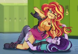 Size: 3000x2080 | Tagged: semi-grimdark, artist:lucy-tan, derpibooru import, starlight glimmer, sunset shimmer, human, equestria girls, belt, bite mark, black eye, bleeding, blood, blood from mouth, boots, breasts, bruised, catfight, clothes, commission, cut, duo, duo female, female, fight, fist, gritted teeth, hair pulling, high heel boots, image, jacket, leather, leather jacket, lockers, nosebleed, pants, png, punch, scratches, scratching, shirt, shoes, skirt, t-shirt, teeth, torn clothes