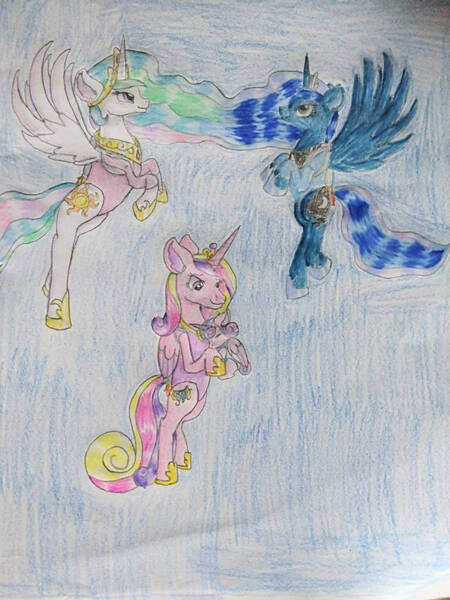 Size: 774x1032 | Tagged: safe, artist:goldheart1, derpibooru import, princess cadance, princess celestia, princess flurry heart, princess luna, alicorn, pony, clothes, floating, flying, holding a pony, image, jetpack, jpeg, leotard, sky, sky background, sleeping, traditional art