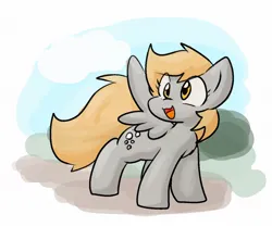 Size: 1256x1052 | Tagged: safe, artist:zutcha, derpibooru import, derpy hooves, pony, cute, derpabetes, female, head turned, image, jpeg, mare, open mouth, open smile, smiling, solo, spread wings, wings