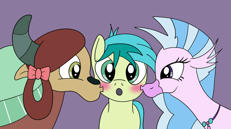 Size: 1920x1080 | Tagged: safe, artist:platinumdrop, derpibooru import, sandbar, silverstream, yona, blushing, female, image, kiss on the cheek, kiss sandwich, kissing, male, png, request, sandbar gets all the mares, sandstream, shipping, straight, surprised, yonabar