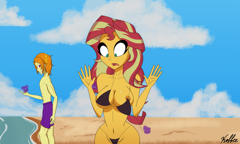 Size: 6872x4136 | Tagged: questionable, artist:koffeeink, derpibooru import, adagio dazzle, sunset shimmer, equestria girls, allegro amoroso, assisted exposure, beach, breasts, clothes, cloud, image, magic, png, rule 63, skimpy outfit, surprised, swimsuit, wardrobe malfunction