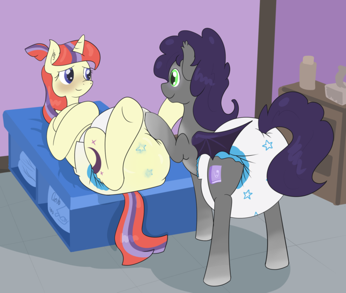 Size: 2076x1761 | Tagged: suggestive, artist:vitriolink, derpibooru import, moondancer, oc, bat pony, pony, unicorn, adult foal, bat pony oc, bat wings, blushing, canon x oc, changing table, diaper, diaper change, diaper fetish, duo, fetish, image, indoors, lying down, on back, png, poofy diaper, urine, wet diaper, wings