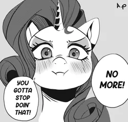 Size: 1914x1829 | Tagged: safe, artist:applephil, derpibooru import, rarity, ponified, pony, unicorn, black and white, blushing, bust, dialogue, female, frown, grayscale, image, looking at you, mare, monochrome, png, puffy cheeks, solo, speech bubble