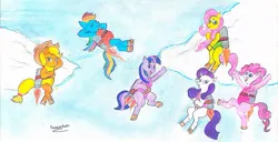 Size: 1011x519 | Tagged: safe, artist:fernancho20, derpibooru import, applejack, fluttershy, pinkie pie, rainbow dash, rarity, twilight sparkle, earth pony, pegasus, unicorn, clothes, cloud, eyes closed, floating, flying, grin, happy, image, jetpack, jpeg, leotard, mane six, open mouth, sky, sky background, smiling, traditional art, unicorn twilight