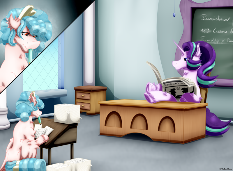 Size: 3376x2480 | Tagged: safe, artist:thebenalpha, derpibooru import, cozy glow, starlight glimmer, pegasus, pony, unicorn, a better ending for cozy, alternate scenario, image, png, school, story included