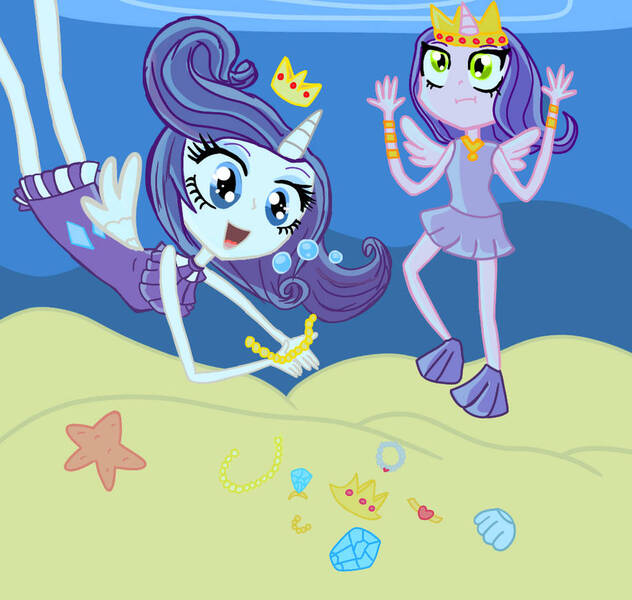 Size: 917x871 | Tagged: safe, artist:empressvee, derpibooru import, pipp petals, rarity, alicorn, human, equestria girls, alicornified, bracelet, duo, duo female, female, g5, gem, image, jewelry, jpeg, necklace, pearl, pippcorn, race swap, raricorn, ring, treasure, underwater, water