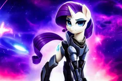 Size: 2304x1536 | Tagged: safe, derpibooru import, editor:siber, machine learning generated, purplesmart.ai, stable diffusion, rarity, pony, unicorn, armor, image, looking at you, mass effect, nebula, png, power armor, solo, space