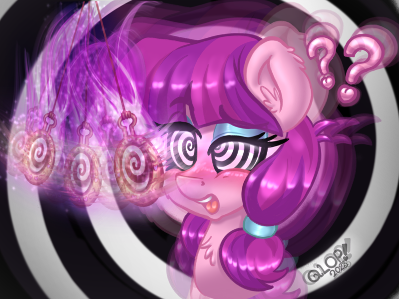 Size: 2000x1502 | Tagged: suggestive, artist:qlop, lily longsocks, earth pony, pony, abstract background, blue eyeshadow, blushing, bust, chest fluff, confused, ear fluff, eyeshadow, female, filly, flustered, hair tie, hypnosis, hypnotized, image, implied foalcon, implied underage, looking at something, makeup, open mouth, pink coat, png, pocket watch, purple mane, question mark, raised eyebrow, signature, solo, swirly eyes, two toned mane, underage, watermark