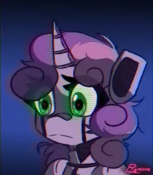 Size: 700x800 | Tagged: safe, artist:provolonepone, derpibooru import, sweetie belle, pony, robot, robot pony, unicorn, chromatic aberration, glow, glowing eyes, image, png, solo, sweetie bot