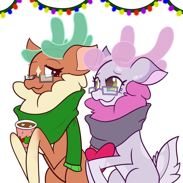 Size: 4000x4000 | Tagged: safe, artist:mrneo, derpibooru import, cashmere (tfh), oc, oc:mohair, deer, reindeer, them's fightin' herds, chocolate, christmas, clothes, community related, food, glasses, holiday, hot chocolate, image, jpeg, marshmallow, mocash, scarf, tfh oc