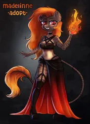 Size: 2150x2951 | Tagged: safe, artist:madelinne, derpibooru import, oc, anthro, adoptable, adoptable open, adoption, anthro oc, belly button, clothes, dress, fire, image, leonine tail, png, red hair, tail
