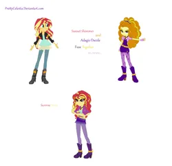 Size: 1426x1380 | Tagged: safe, artist:prettycelestia, derpibooru import, adagio dazzle, sunset shimmer, belt buckle, boots, brown eyes, clothes, eyeshadow, fusion, gem, gloves, high heel boots, image, makeup, multiple arms, png, shoes, siren gem