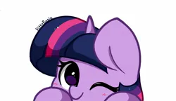 Size: 1555x894 | Tagged: safe, artist:kittyrosie, derpibooru import, twilight sparkle, pony, unicorn, cute, female, image, jpeg, looking at you, one eye closed, simple background, solo, solo female, twiabetes, unicorn twilight, wallpaper, white background, wink, winking at you