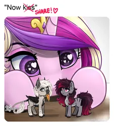 Size: 1084x1200 | Tagged: safe, artist:lailyren, derpibooru import, princess cadance, oc, oc:devilvoice, oc:madelinne, bat pony, earth pony, bat pony oc, bat wings, earth pony oc, food, heart, heart eyes, holiday, image, looking at each other, looking at someone, meme, pizza, png, shipper on deck, valentine's day, wingding eyes, wings