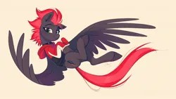 Size: 2048x1152 | Tagged: safe, artist:imalou, derpibooru import, oc, oc:cinder blaze, unofficial characters only, pegasus, pony, clothes, collar, ear piercing, female, flying, hoodie, image, jpeg, looking at you, piercing, smiling, solo, spread wings, wings