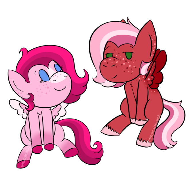 Size: 2200x2000 | Tagged: safe, artist:whimsicalseraph, derpibooru import, oc, oc:raspberry sorbet, oc:strawberry syrup, unofficial characters only, pegasus, chibi, colored wings, duo, duo female, female, image, missing cutie mark, pegasus oc, png, simple background, sitting, spread wings, transparent background, unshorn fetlocks, wings