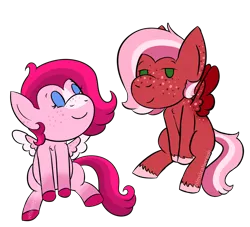 Size: 2200x2000 | Tagged: safe, artist:whimsicalseraph, derpibooru import, oc, oc:raspberry sorbet, oc:strawberry syrup, unofficial characters only, pegasus, chibi, colored wings, duo, duo female, female, image, missing cutie mark, pegasus oc, png, simple background, sitting, spread wings, transparent background, unshorn fetlocks, wings