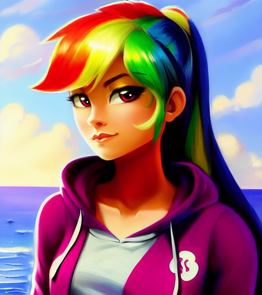 Size: 1024x1152 | Tagged: safe, derpibooru import, editor:siber, machine learning generated, purplesmart.ai, stable diffusion, rainbow dash, human, clothes, hoodie, humanized, image, looking at you, ocean, png, sky, solo, water