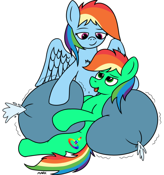 Size: 2526x2692 | Tagged: questionable, artist:mark_ml, ponybooru import, rainbow dash, oc, oc:oliver, pegasus, pony, ahegao, big crotchboobs, chest fluff, crotchboobs, huge crotchboobs, hyper, hyper crotchboobs, image, implied orgasm, impossibly large crotchboobs, lactation, looking at each other, milk, milk squirt, nudity, open mouth, png, simple background, smiling, smiling at each other, squished, tongue out, transparent background, wings