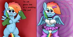Size: 4184x2160 | Tagged: suggestive, artist:mark_ml, ponybooru import, rainbow dash, pegasus, pony, bedroom eyes, belly button, bow, chest fluff, choker, clothes, dialogue, female, hair bow, hand, hypnosis, image, mare, messy mane, mind control, panties, png, pomf, shading, simple background, skirt, skirt lift, socks, spiral background, spread wings, struggling, tomboy taming, underwear, wingboner, wings