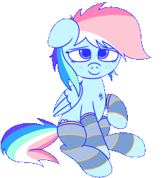 Size: 1941x2132 | Tagged: safe, artist:mark_ml, ponybooru import, rainbow dash, pegasus, pony, alternate color palette, animated, chest fluff, clothes, cute, dashabetes, ears, female, floppy ears, gif, image, looking at you, mare, short mane, simple background, sitting, smiling, smiling at you, socks, solo, transparent background