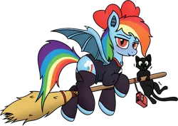 Size: 3097x2198 | Tagged: safe, artist:mark_ml, ponybooru import, rainbow dash, bat, bat pony, cat, pony, blushing, clothes, cute, female, halloween, hat, holiday, hoofless socks, image, kiki's delivery service, mare, pet, png, simple background, socks, transparent background, witch costume, witch hat