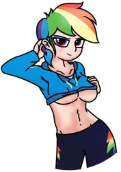 Size: 1150x1622 | Tagged: suggestive, artist:mark_ml, ponybooru import, rainbow dash, human, equestria girls, abs, belly button, big breasts, blushing, breasts, clothes, eyeshadow, hoodie, humanized, image, looking at you, makeup, png, seductive, shirt, shirt lift, simple background, solo, tomboy, transparent background