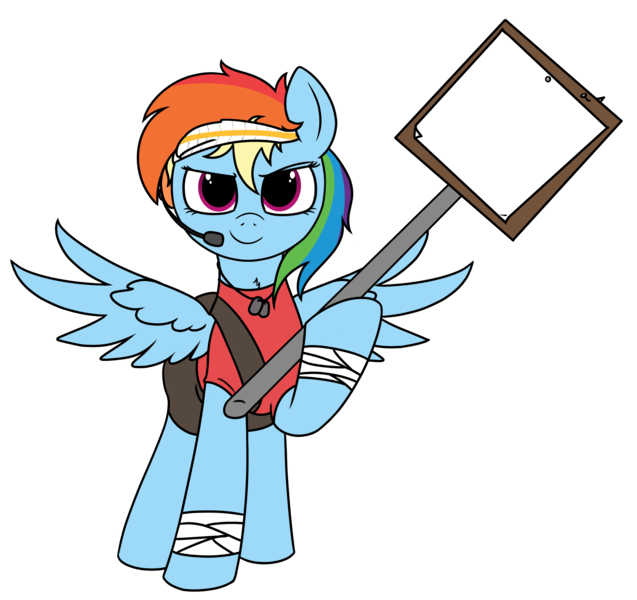 Size: 3035x2858 | Tagged: safe, artist:mark_ml, ponybooru import, rainbow dash, pegasus, pony, /mlp/ tf2 general, bandage, chest fluff, clothes, conscientious objector, crossover, cute, dog tags, headband, headphones, image, looking at you, microphone, png, rainbow scout, scout, shirt, sign, simple background, solo, spread wings, team fortress 2, template, transparent background, wings