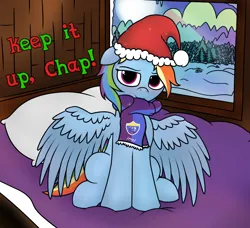 Size: 2772x2526 | Tagged: safe, artist:mark_ml, ponybooru import, derpy hooves, rainbow dash, pegasus, pony, /mlp/, 4chan, 4chan cup, background, bed, blushing, card, christmas, clothes, commission, cute, dashabetes, ears, female, floppy ears, giddy up, hat, holiday, image, looking at you, mare, moon, pillow, png, safest hooves, santa hat, scarf, shading, sitting, smiling, smiling at you, solo, spread wings, text, window, wings