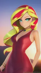 Size: 864x1536 | Tagged: safe, derpibooru import, editor:sammykun, machine learning generated, novelai, stable diffusion, sunset shimmer, human, bracelet, breasts, busty sunset shimmer, clothes, dress, gold, humanized, image, jewelry, looking at you, necklace, png, reasonably sized breasts, red dress, sexy, slim, smiling, tight clothing