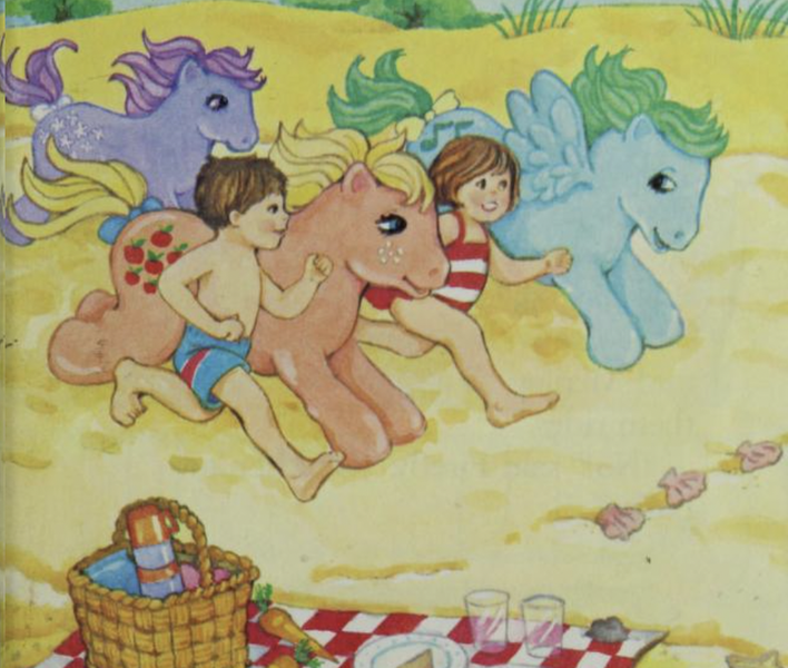 Size: 930x788 | Tagged: safe, derpibooru import, applejack (g1), blossom, medley, earth pony, human, pegasus, pony, basket, beach, child, children, clothes, g1, image, kids, my little pony and the new friends, picnic, picnic basket, picnic blanket, playing, png, running, seashell, swimsuit