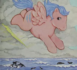 Size: 936x858 | Tagged: safe, derpibooru import, firefly, lightning bolt, white lightning, dolphin, pegasus, pony, whale, cloud, flying, g1, image, lightning, my little pony and the new friends, ocean, png, scared, solo, storm, water, worried