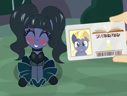 Size: 2379x1791 | Tagged: safe, artist:badumsquish, derpibooru import, star tracker, oc, earth pony, pony, alternate hairstyle, black lipstick, blushing, choker, clothes, colt, cosplay, costume, crossdressing, crossplay, cutie mark, derpibooru exclusive, duo, embarrassed, eyes closed, eyeshadow, femboy, foal, freckles, girly, gloves, goth, grin, happy, holding, image, library card, lipstick, long hair, makeup, male, offscreen character, pigtails, png, pov, sitting, skirt, smiling, socks, starcrossed