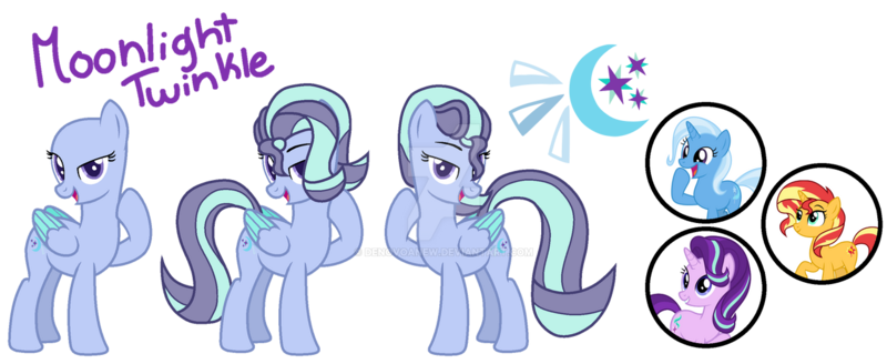 Size: 1280x524 | Tagged: safe, artist:denovoanew, artist:elementbases, derpibooru import, starlight glimmer, sunset shimmer, trixie, oc, oc:moonlight twinkle, pegasus, unicorn, base, base used, colored wings, cutie mark, deviantart watermark, hair over one eye, image, magical lesbian spawn, obtrusive watermark, offspring, parent:starlight glimmer, parent:trixie, parents:startrix, pegasus oc, png, reference sheet, simple background, transparent background, watermark, wings