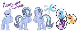 Size: 1280x524 | Tagged: safe, artist:denovoanew, artist:elementbases, derpibooru import, starlight glimmer, sunset shimmer, trixie, oc, oc:moonlight twinkle, pegasus, unicorn, base, base used, colored wings, cutie mark, deviantart watermark, hair over one eye, image, magical lesbian spawn, obtrusive watermark, offspring, parent:starlight glimmer, parent:trixie, parents:startrix, pegasus oc, png, reference sheet, simple background, transparent background, watermark, wings
