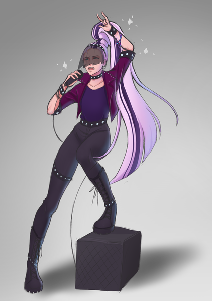 Size: 2108x2997 | Tagged: safe, artist:nebulapurpleart, derpibooru import, coloratura, human, count tessiture, countess coloratura, crossdressing, high res, humanized, image, long hair, male, microphone, png, rule 63, solo, speaker, tessiture