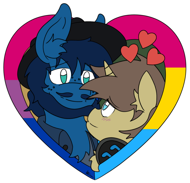 Size: 2160x2075 | Tagged: safe, artist:protoshadez, derpibooru import, oc, oc:shadez, oc:twist o'fate, unicorn, bi, bisexual, bisexual male, bisexual pride flag, bisexuality, cute, gay, gay pride, gay pride flag, gift art, hat, headphones, heart, hearts and hooves day, holiday, horn, image, love, male, pans, pansexual, pansexual pride flag, png, pooka, precious, present, pride, pride flag, relationship, relationships, shipping, simple background, transparent background, unicorn oc, valentine, valentine's day