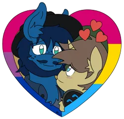 Size: 2160x2075 | Tagged: safe, artist:protoshadez, derpibooru import, oc, oc:shadez, oc:twist o'fate, unicorn, bi, bisexual, bisexual male, bisexual pride flag, bisexuality, cute, gay, gay pride, gay pride flag, gift art, hat, headphones, heart, hearts and hooves day, holiday, horn, image, love, male, pans, pansexual, pansexual pride flag, png, pooka, precious, present, pride, pride flag, relationship, relationships, shipping, simple background, transparent background, unicorn oc, valentine, valentine's day