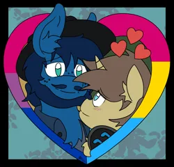 Size: 2160x2075 | Tagged: safe, artist:protoshadez, derpibooru import, oc, oc:shadez, oc:twist o'fate, unicorn, bi, bisexual, bisexual male, bisexual pride flag, bisexuality, cute, gay, gay pride, gay pride flag, gift art, hat, headphones, heart, hearts and hooves day, holiday, horn, image, love, male, pans, pansexual, pansexual pride flag, png, pooka, precious, present, pride, pride flag, relationship, relationships, shipping, unicorn oc, valentine, valentine's day