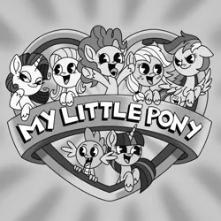 Size: 1280x1280 | Tagged: safe, alternate version, artist:inkies299, derpibooru import, applejack, fluttershy, pinkie pie, rainbow dash, rarity, spike, twilight sparkle, alicorn, dragon, earth pony, pegasus, pony, unicorn, animaniacs, black and white, female, floppy ears, grayscale, image, jpeg, male, mane seven, mane six, mare, monochrome, open mouth, open smile, pacman eyes, smiling, spread wings, tongue out, wings