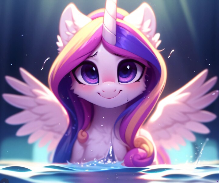 Size: 3072x2560 | Tagged: safe, derpibooru import, machine learning generated, purplesmart.ai, stable diffusion, princess cadance, alicorn, pony, abstract background, cute, eyebrows, image, jpeg, looking at you, smiling, smiling at you, solo, splashing, spread wings, water, watermark, wings