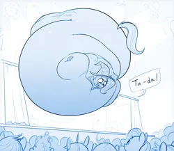Size: 3000x2600 | Tagged: safe, artist:secretgoombaman12345, derpibooru import, trixie, pony, unicorn, air inflation, bingo wings, crowd, female, floating, image, inflation, jpeg, monochrome, solo focus, spherical inflation, stage, stretched cutie mark