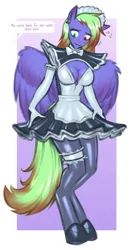 Size: 1392x2616 | Tagged: safe, artist:c91industries, derpibooru import, oc, oc:electra, unofficial characters only, anthro, pegasus, unguligrade anthro, abstract background, breasts, cleavage, clothes, evening gloves, female, garter, gloves, heterochromia, hoof shoes, image, latex, latex dress, latex gloves, latex leggings, leggings, long gloves, maid, maid headdress, offscreen character, pegasus oc, png, skirt, solo, talking, wings