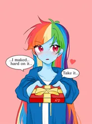 Size: 611x821 | Tagged: safe, artist:rainbom__1122, derpibooru import, rainbow dash, human, blushing, bronybait, cute, dashabetes, engrish, eyebrows, eyebrows visible through hair, female, heart, holiday, humanized, image, jpeg, pink background, pony coloring, present, simple background, solo, speech bubble, sweat, talking to viewer, valentine's day
