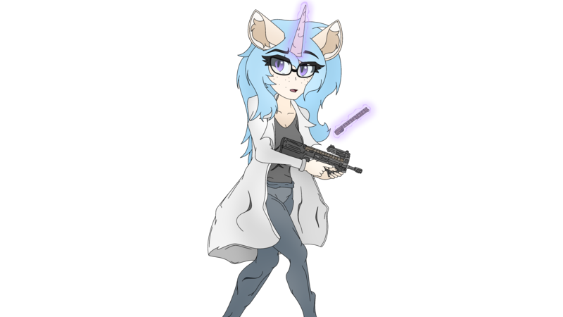 Size: 3840x2160 | Tagged: safe, artist:straighttothepointstudio, derpibooru import, oc, unofficial characters only, anthro, unicorn, 4k, anime, anthro oc, blue hair, clothes, coat, denim, digital art, duster, ear fluff, eyebrows, female, g5, glasses, glow, glowing horn, gun, high res, horn, image, jeans, levitation, long hair, looking back, magic, open mouth, p90, pants, png, purple eyes, reloading, simple background, solo, submachinegun, telekinesis, transparent background, unicorn oc, weapon