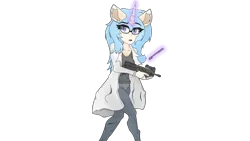 Size: 3840x2160 | Tagged: safe, artist:straighttothepointstudio, derpibooru import, oc, unofficial characters only, anthro, unicorn, 4k, anime, anthro oc, blue hair, clothes, coat, denim, digital art, duster, ear fluff, eyebrows, female, g5, glasses, glow, glowing horn, gun, high res, horn, image, jeans, levitation, long hair, looking back, magic, open mouth, p90, pants, png, purple eyes, reloading, simple background, solo, submachinegun, telekinesis, transparent background, unicorn oc, weapon