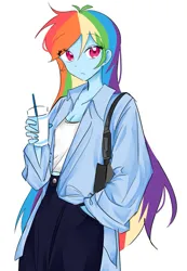 Size: 577x835 | Tagged: safe, artist:rainbom__1122, derpibooru import, rainbow dash, human, bag, breasts, cleavage, delicious flat chest, drink, drinking straw, female, hand in pocket, humanized, image, jpeg, looking at you, pony coloring, shoulder bag, simple background, solo, white background