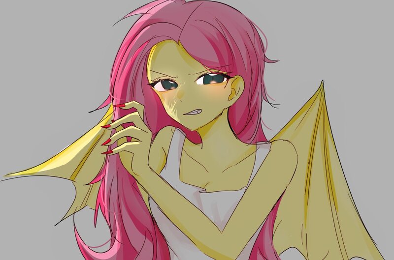 Size: 1254x829 | Tagged: safe, artist:rainbom__1122, derpibooru import, fluttershy, bat pony, human, bat ponified, bat wings, clothes, fangs, female, fingernails, flutterbat, humanized, image, jpeg, looking at you, pony coloring, race swap, solo, tanktop, winged humanization, wings