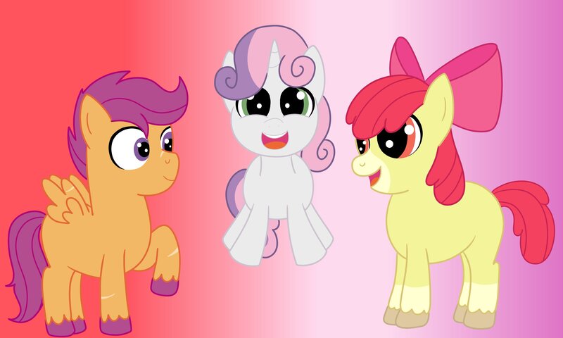 Size: 4096x2458 | Tagged: safe, artist:nyanpasumaddie, derpibooru import, apple bloom, scootaloo, sweetie belle, earth pony, pegasus, pony, unicorn, cutie mark crusaders, februpony, female, filly, foal, gradient background, image, jpeg